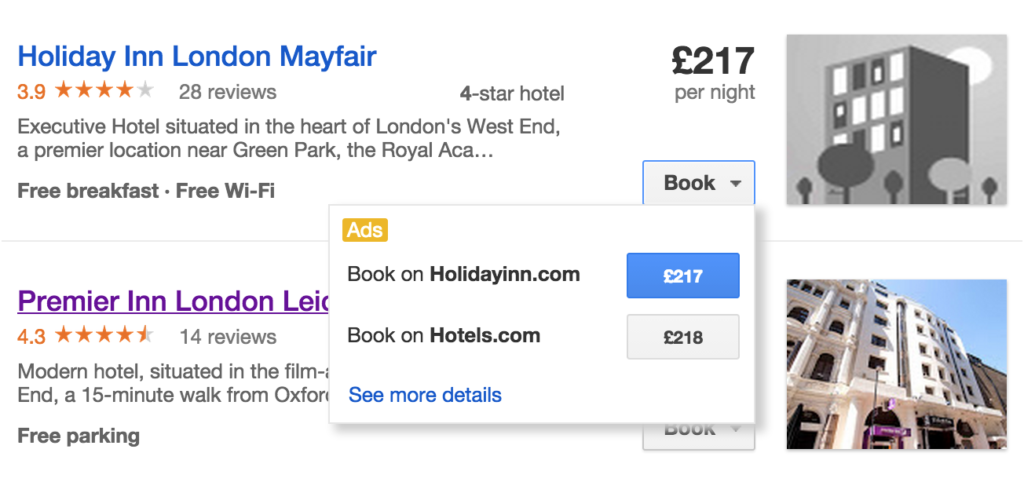 Google Hotel Finder brand and OTA book options